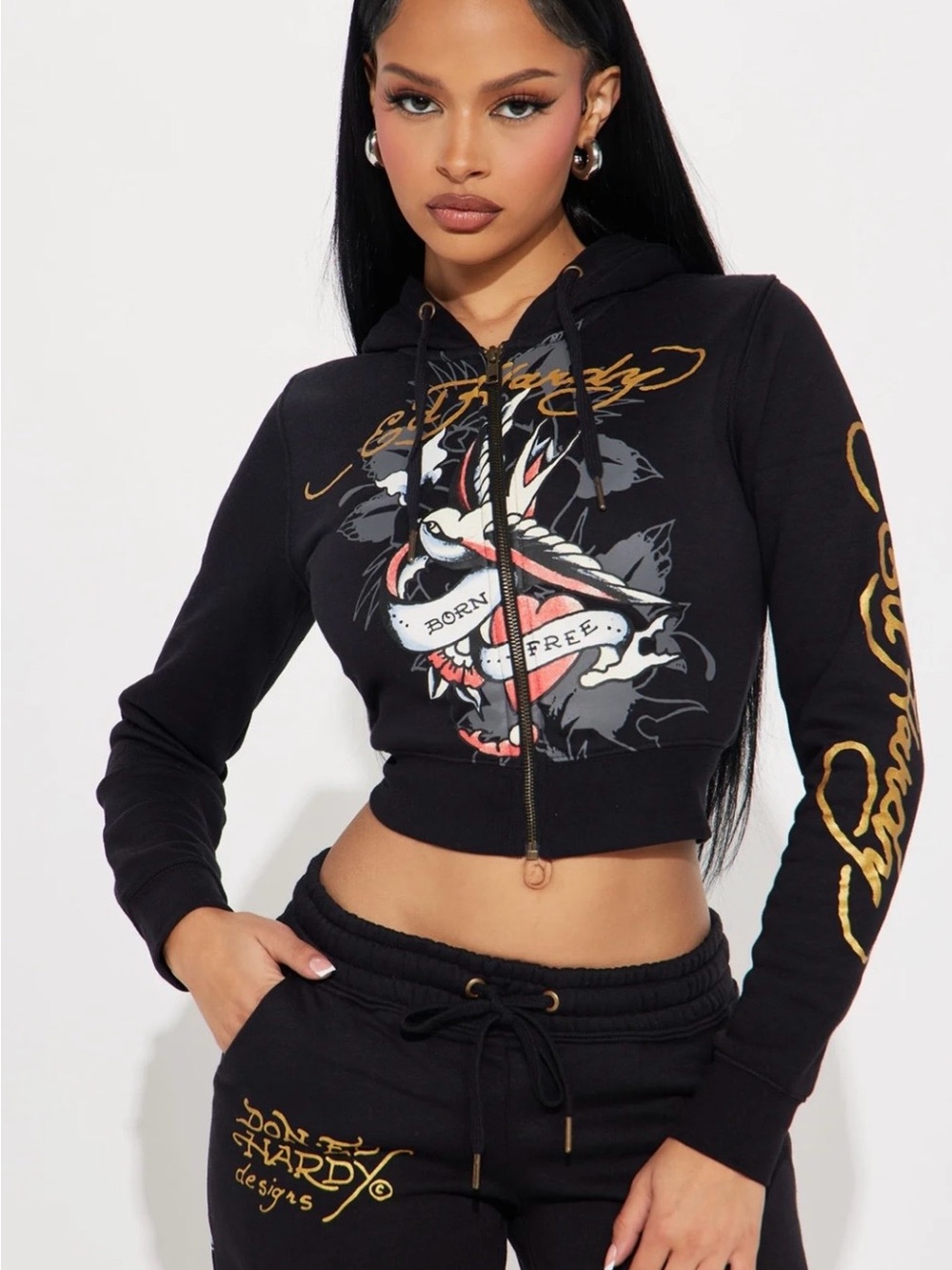 Ed Hardy Black Cropped Zip Hoodie with Gold Script and Red Accent